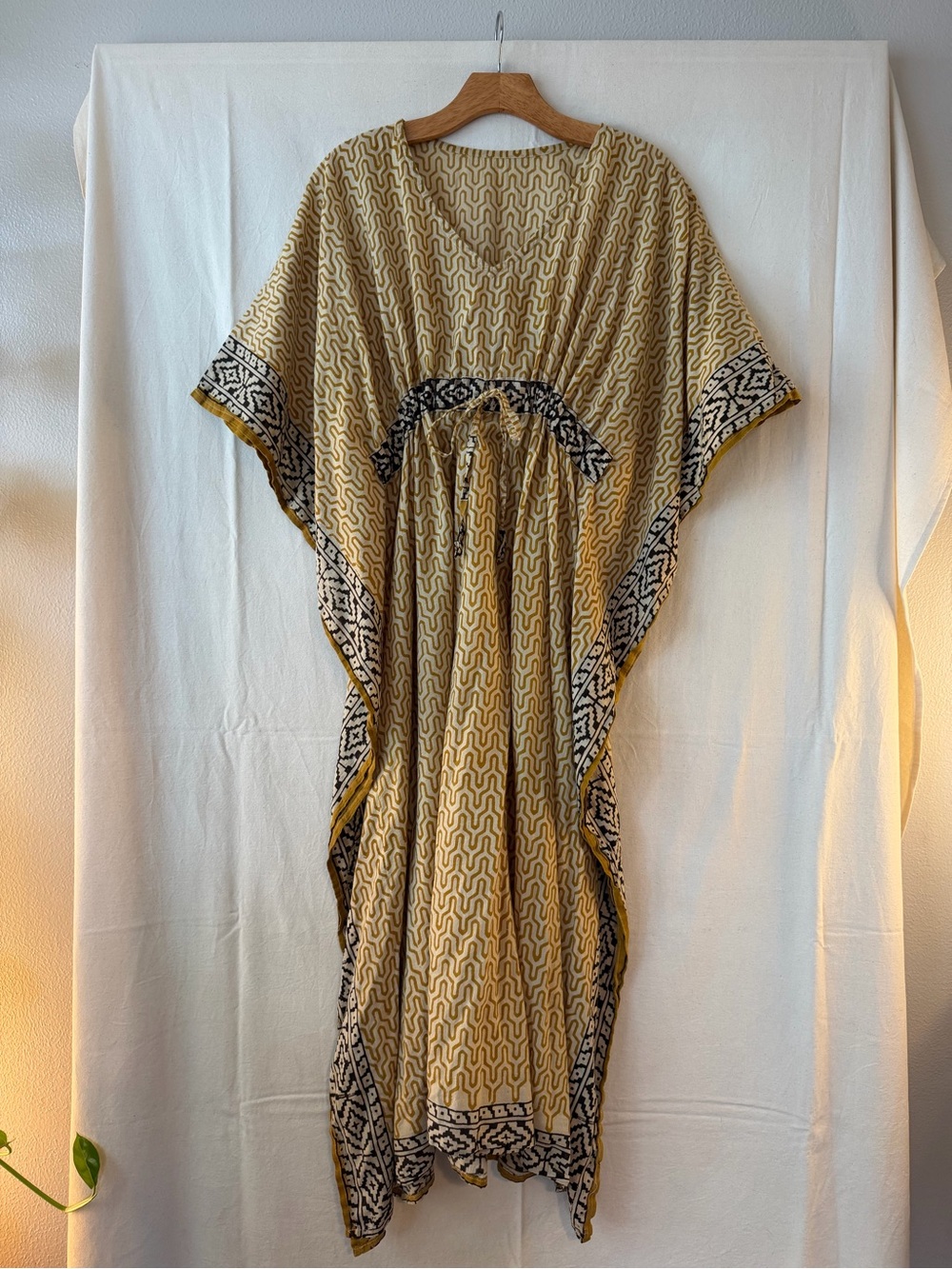 Bohemian 100% Cotton Mustard & Black Patterned Lightweight Kaftan Dress